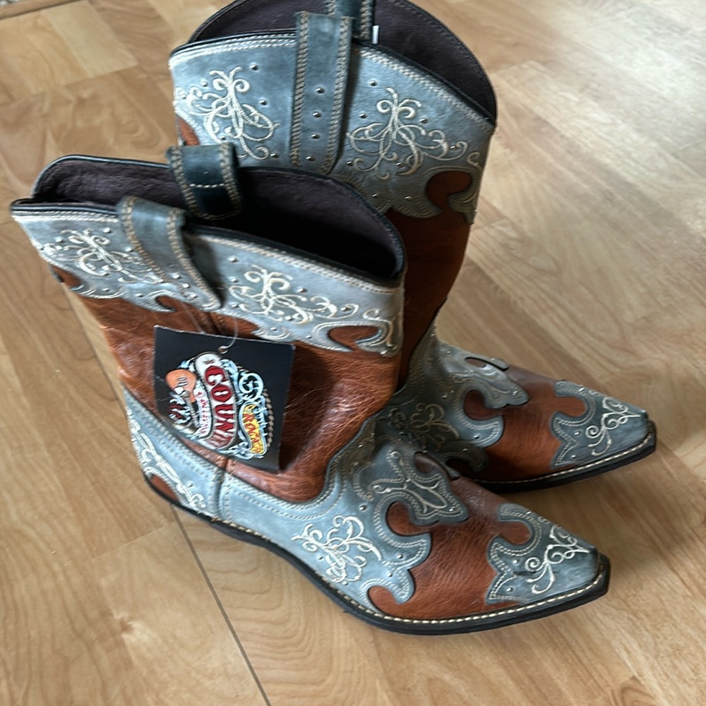 Rockin Country Women’s 12W Cowgirl Leather Boots Brown Gray Western NWT